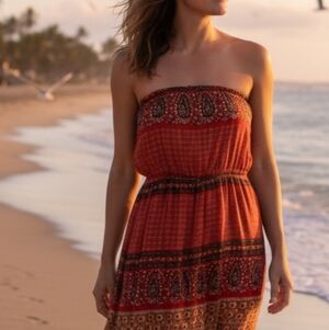 Blu Pepper Size S Women Red Paisley Strapless Maxi Dress Flowy Smocked